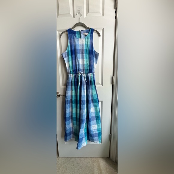LOFT Plaid Cutout Back Midi Pocket Dress Blue Aqua White Size M. NWT - Picture 5 of 15